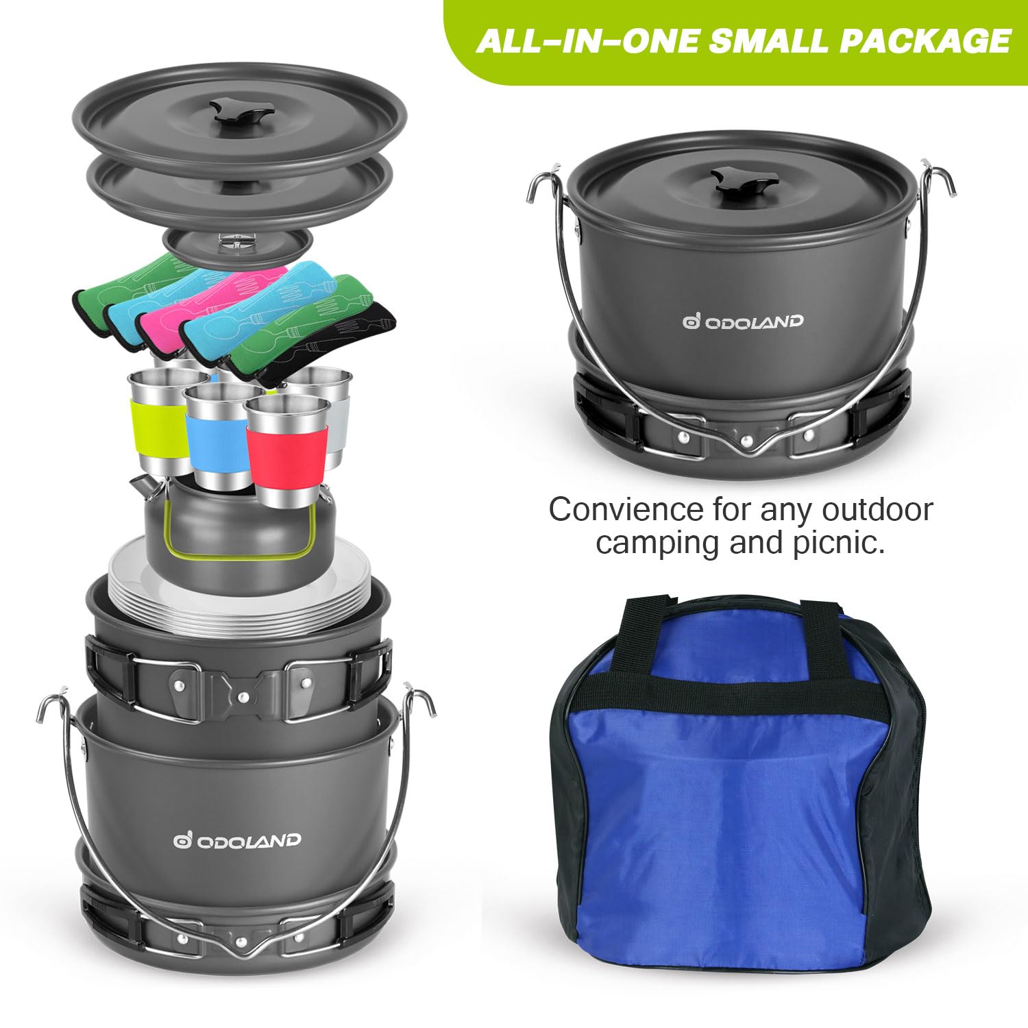 Odoland Pentole Set da Campeggio 39 pezzi per 6 Persone Incl. Pentole e Padella da Campeggio e Bollitore da Campeggio, Tazza Piatti Posate Kit da Campeggio per Trekking e Picnic