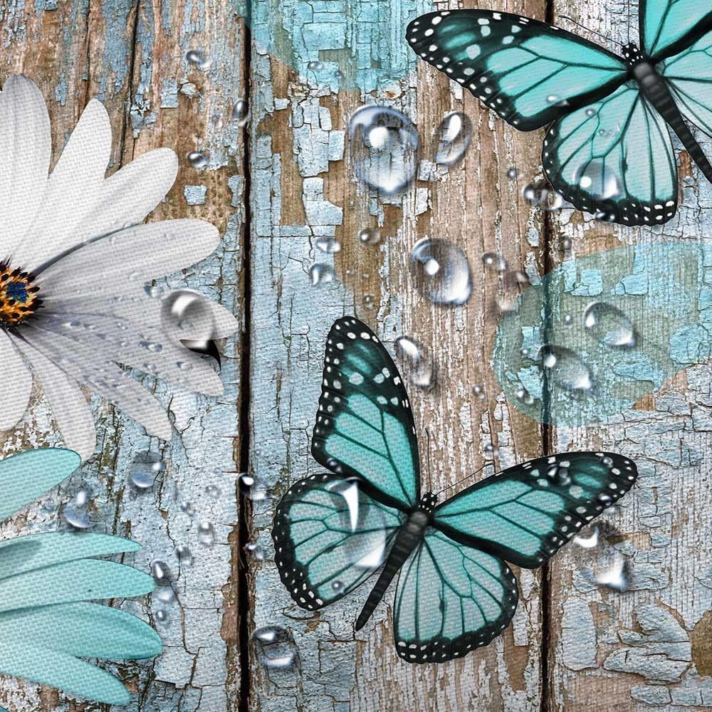 JAWO Farmhouse Floral Shower Curtain, Rustic Flower Teal Turquoise Butterfly Fabric Decor Shower Curtains for Bathroom Sets, Country Blue Teal Wooden Country Plant Curtain, with Hooks, 70X75IN