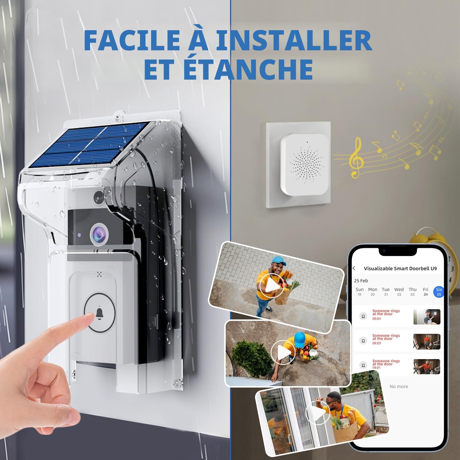 Sonnette de porte sans fil Wi-Fi avec caméra, sonnette vidéo solaire rechargeable, vision nocturne infrarouge, détection de mouvement PIR, interphone bidirectionnel mains libres, sonnette