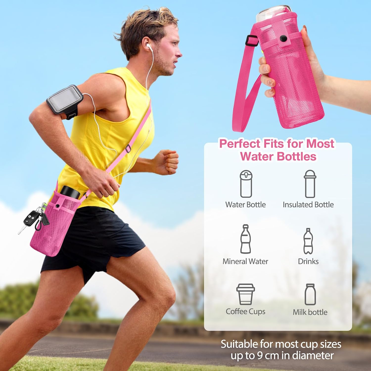 BINSUNS Water Bottle Bag with Strap, Mesh Water Bottle Holder Crossbody Water Bottle Sling Bag Adjustable Shoulder Strap and Pocket - Carrier for Walking Sports Hiking Camping (Rose red) image 4