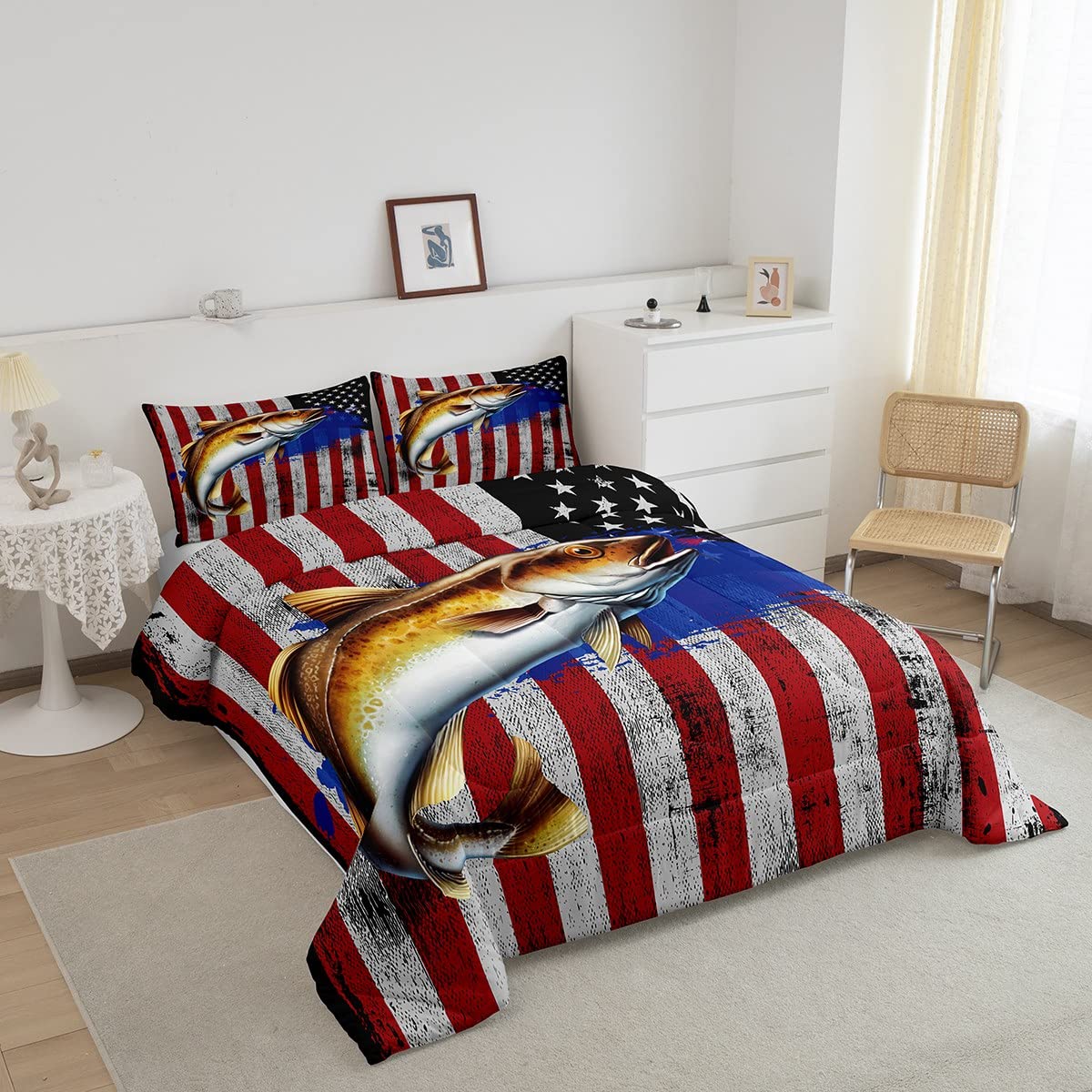 Set di biancheria da letto con bandiera americana Big Pike Fish Bass Big Fish Down Consolatore da caccia Pesca Piumino Bedding Piumino per pesci nautico Inserto/trapunta Set di pesca in mare profond