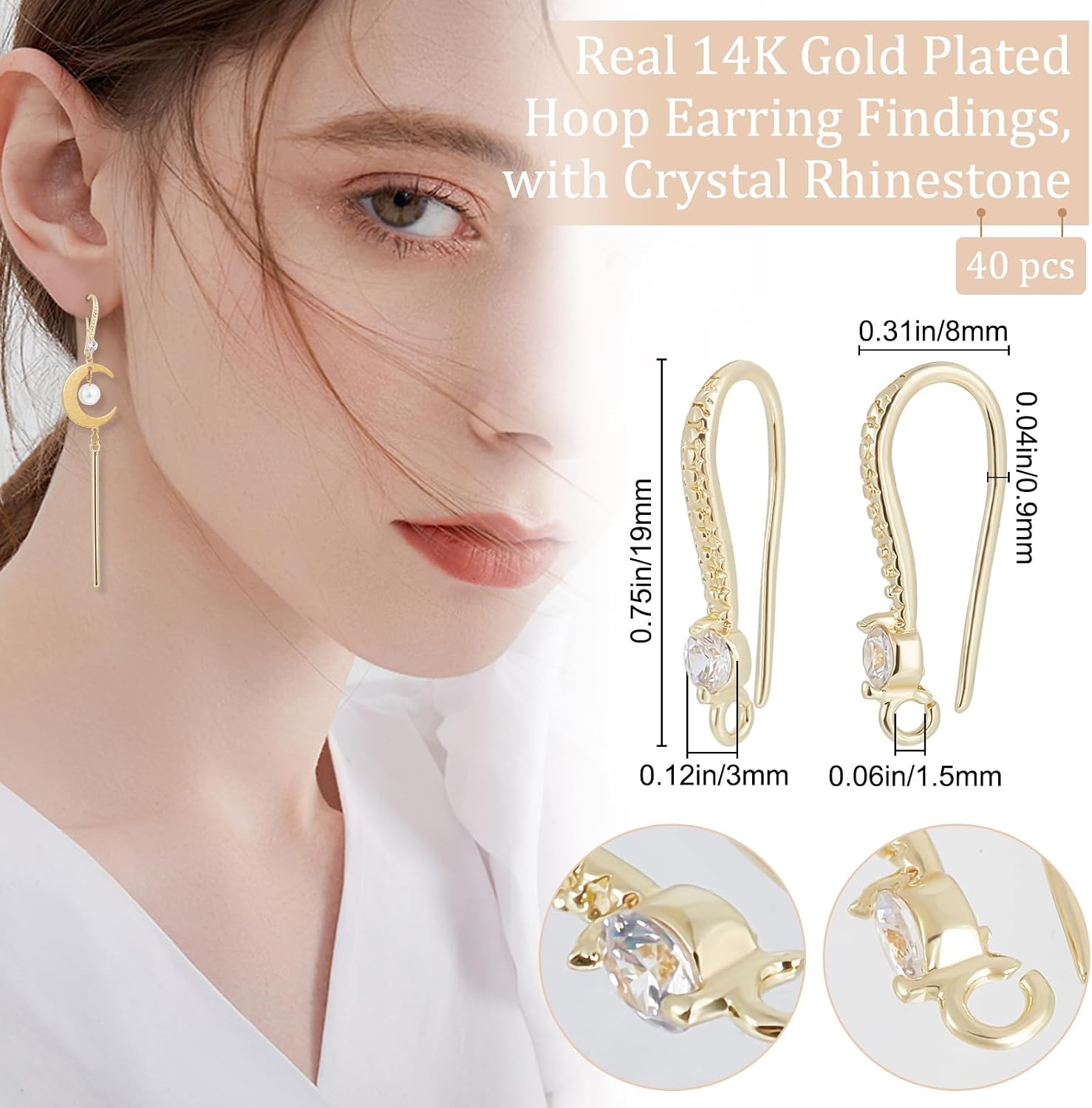 Beebeecraft 1 Box 40Pcs French Earring Findings 14K Gold Plated Zirconia Fish Earring Hooks with Loop for DIY Dangle Earring Jewellery Making