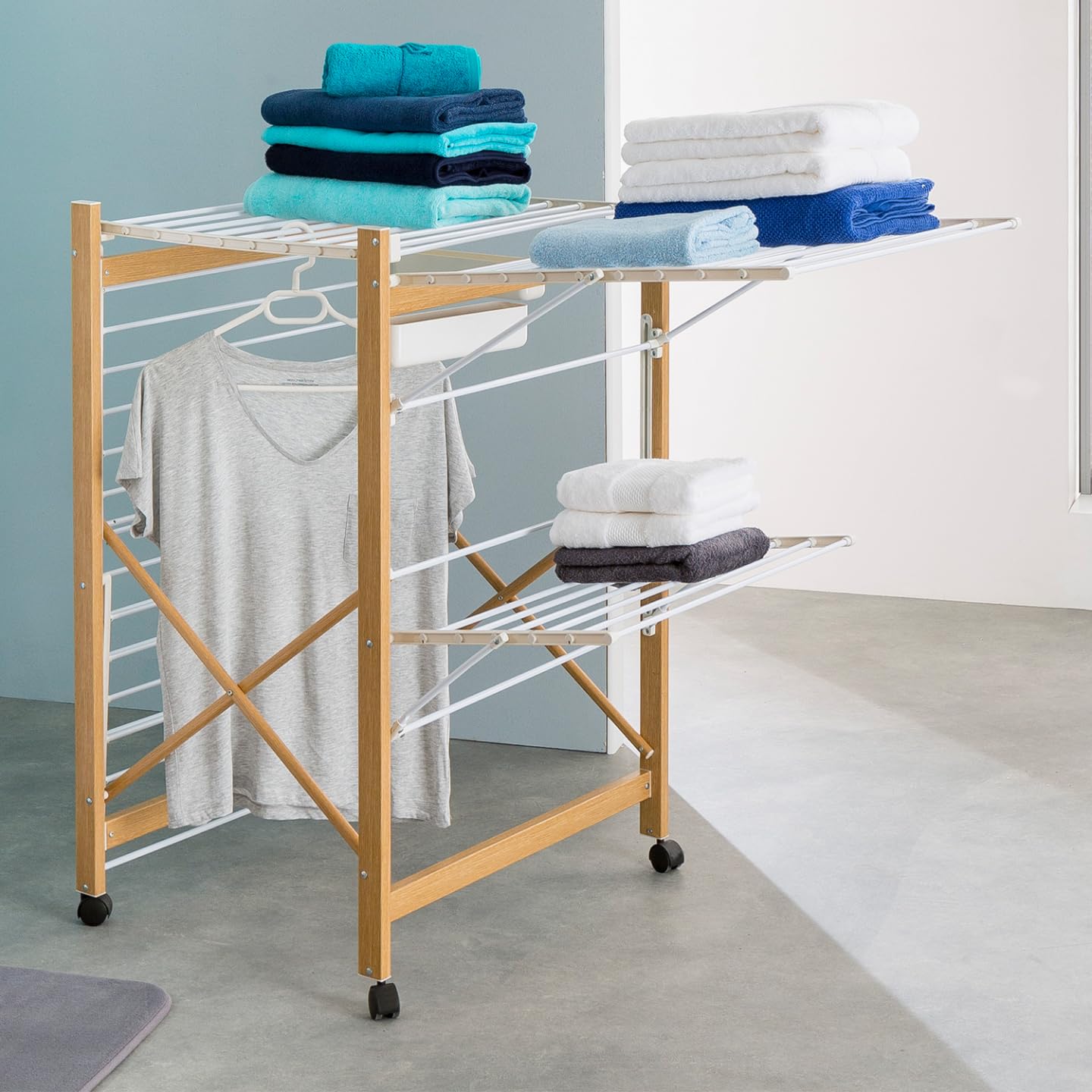 Probache - Séchoir à Linge Pliable Deluxe capacité 27M Blanc et Effet Bois