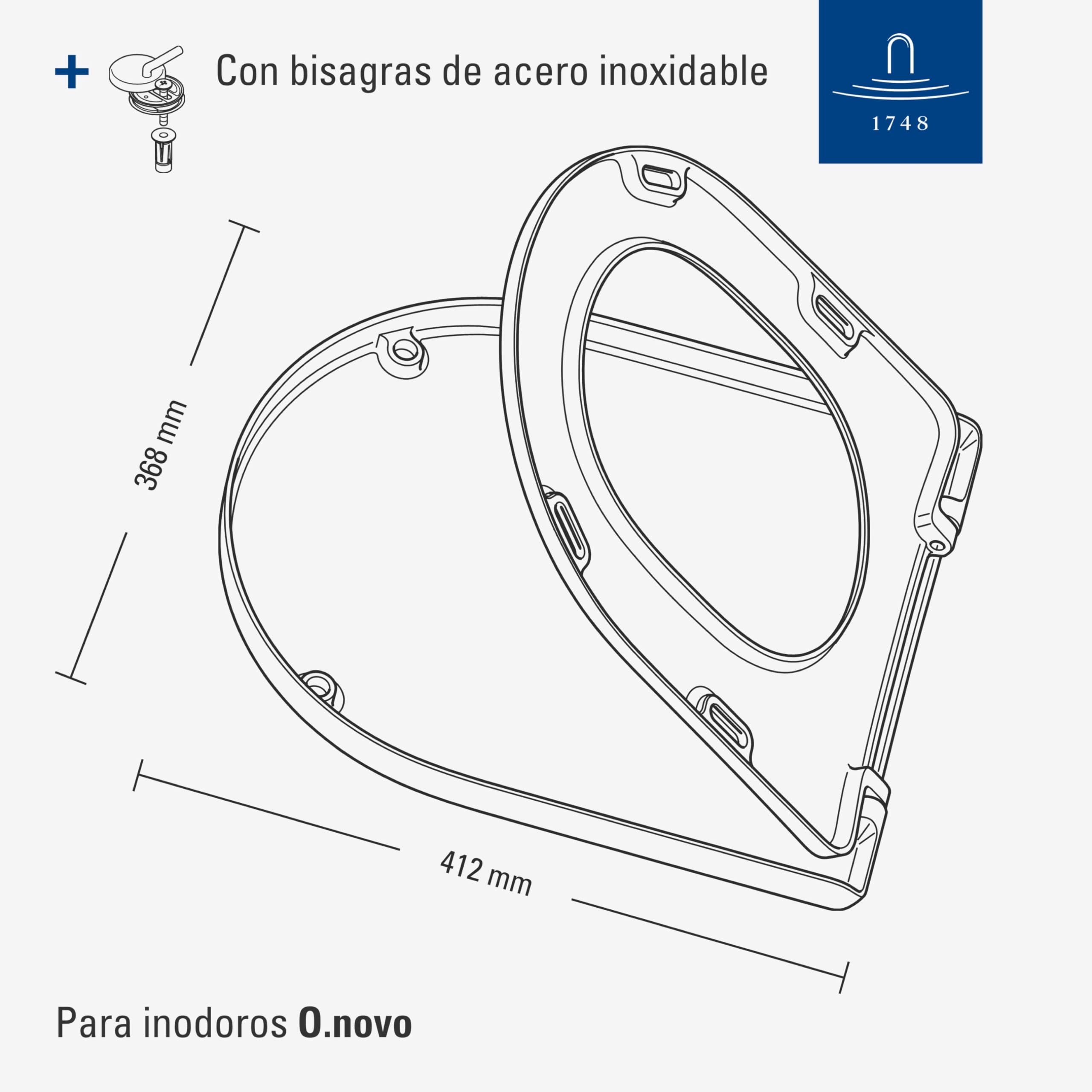 Villeroy & Boch O.Novo, Asiento de Inodoro - Tapa de WC Blanco Brillante de Duroplast Resistente - Aro con bisagras de Acero Inoxidable - Diseño Forma de D - Recambio Original