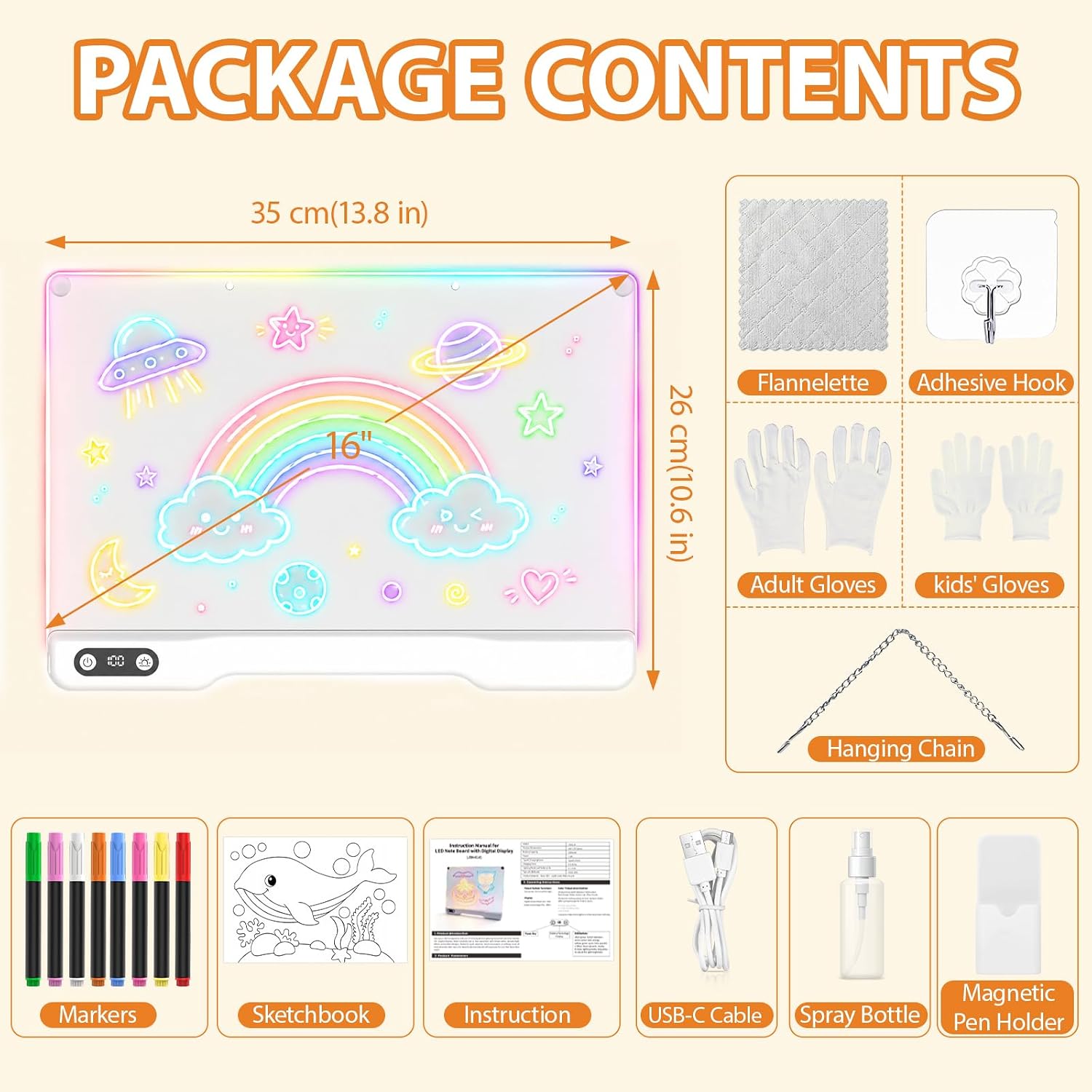 Rechargeable LED Drawing Board for Kids, 16” LED Note Board | LED Message Board with 10 Light Modes & Stepless Dimming, 2200mAh Light Up Dry Erase Board for Boys Girls Birthday Christmas