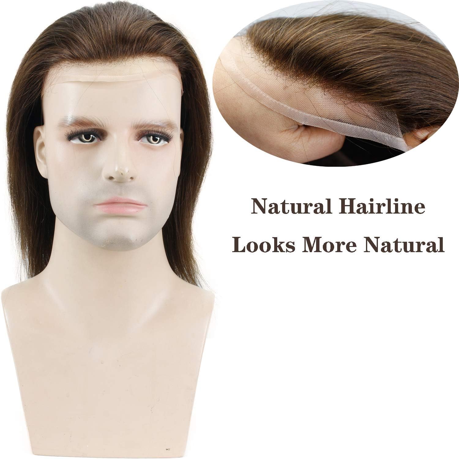 12" Long Hair Men's Toupee 100% Virgin Human Hair Replacement System for Men 10"x8" Base Size #3 Brown Color