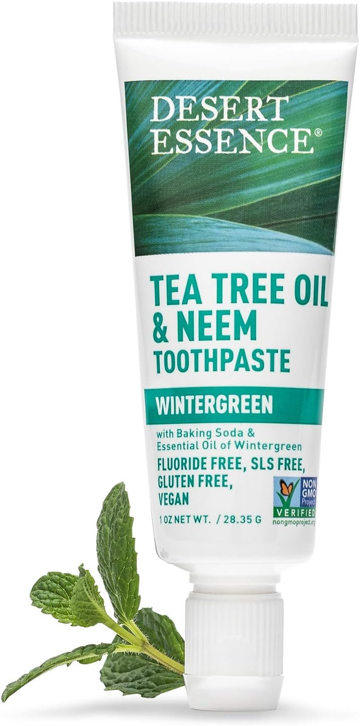 Desert Essence Tea Tree Oil & Neem Toothpaste Travel Size, Wintergreen Mint, 1 oz - Flouride Free, Gluten Free, Vegan, Non-GMO - Neem, Baking Soda, Tea Tree Oil - Healthy Teeth & Gums, Fresh Breath