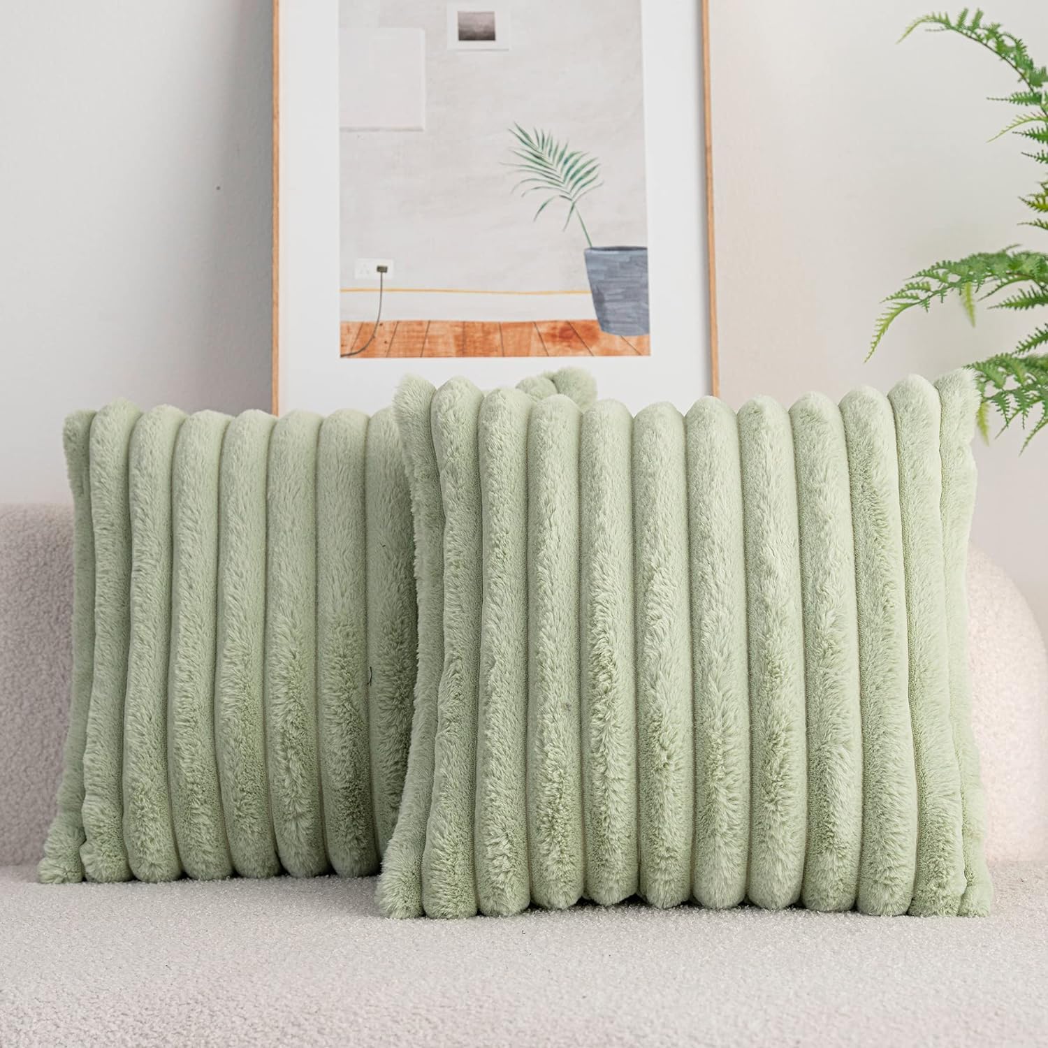 BananaHome Faux Fur Plush Throw Pillow Covers 18x18Inch Set of 2 - Soft Fluffy Striped Decorative Pillow Covers Cushion Cases for Sofa, Couch,Bedroom,Living Room (Light Green, 18X18 Inch/45x45cm)