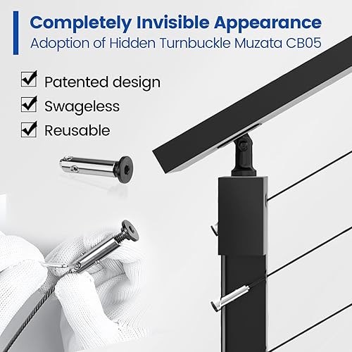 Miniatura 7 de Muzata Kit completo de barandilla de cable negro de 6 pies 6 pulgadas a 13 pies, sistema de barandilla de cable de 36 pulgadas para cubiertas con