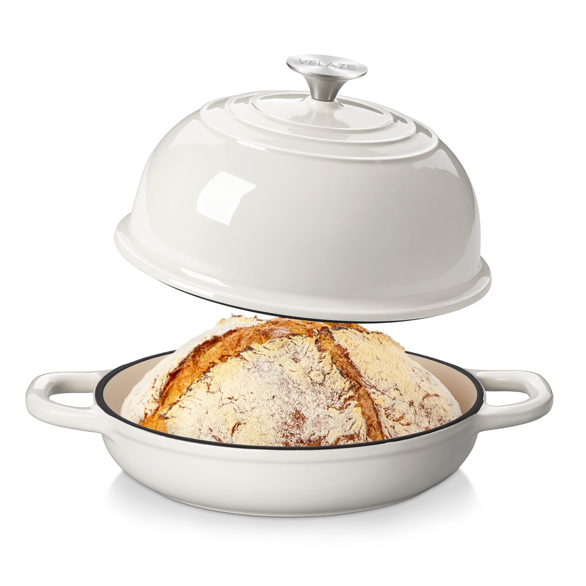Velaze Olla de Hierro Fundido 4.8L - Cacerola Holandesa Redonda Esmaltada y Antiadherente Ø24cm con Tapa - Para Hacer Pan, Hornear e Inducción (Beige)