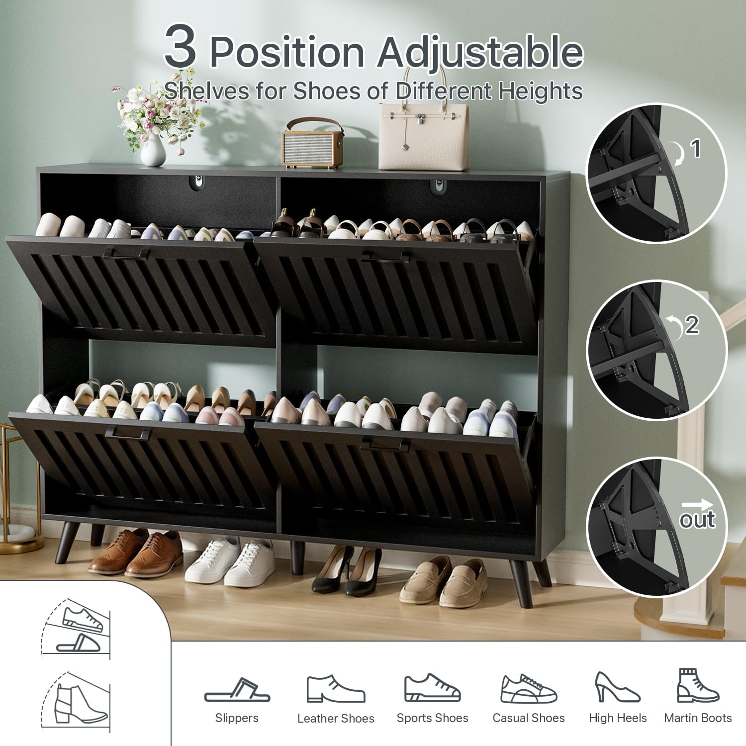 Shoe Storage Cabinet with 4 Flip Drawers, Modern Freestanding Organizer with Adjustable Shelf, Narrow Shoe Rack Cabinet for Entryway, Black