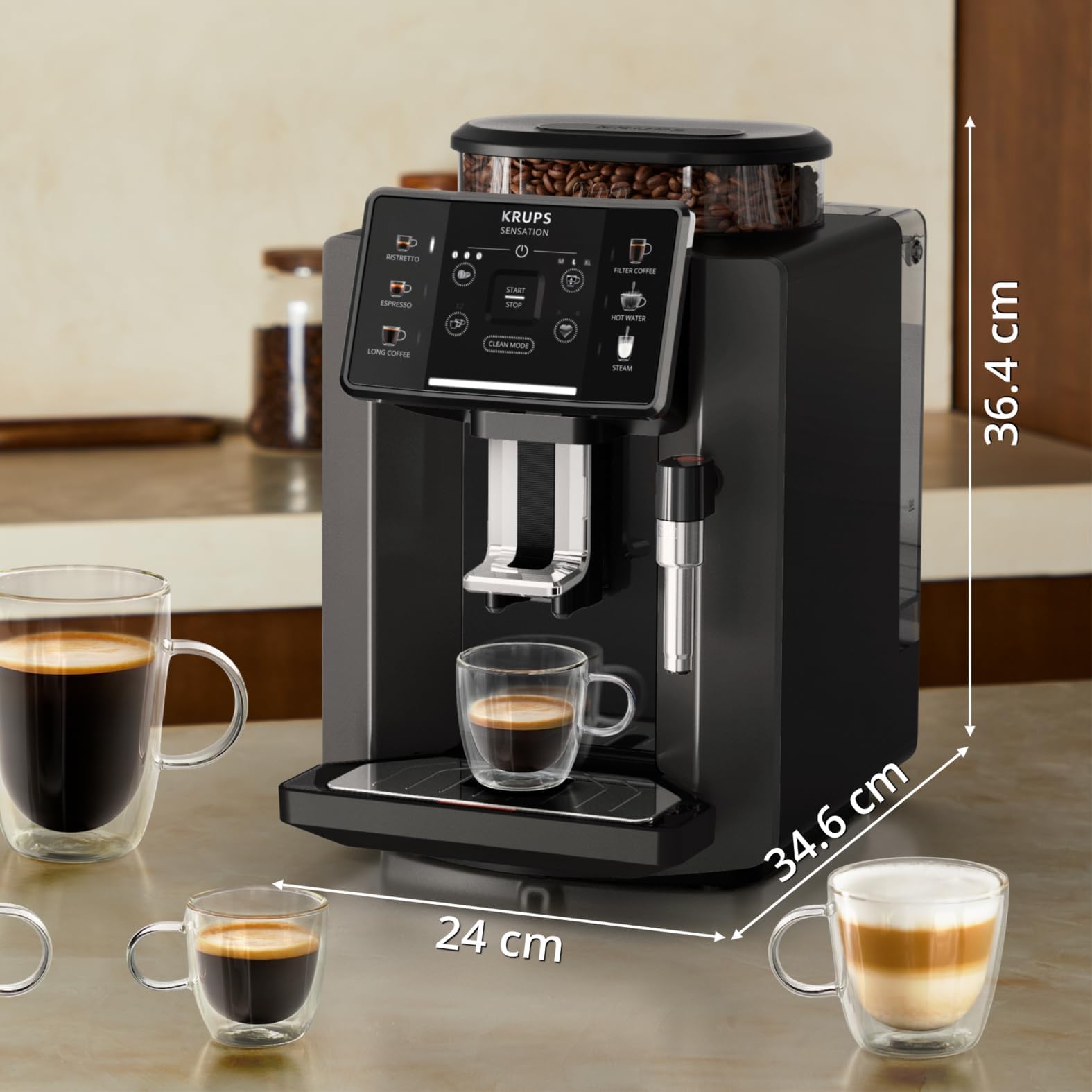 KRUPS EA9108 Sensation Automatyczny ekspres do kawy, czyszczenie tabletką, 5 rodzajów kaw, łatwa nawigacja, kompaktowy 1450W, czarny