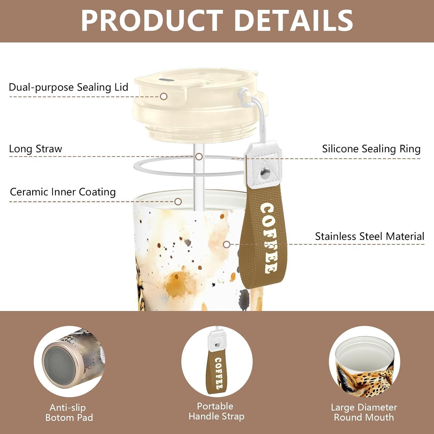 Cheetah Cute Watercolor Insulated Coffee Mug with Straw & Flip Lid, 16.9oz Iced Tumbler Cup, Double Wall Vacuum Leak-Proof Mug for Travel Office
