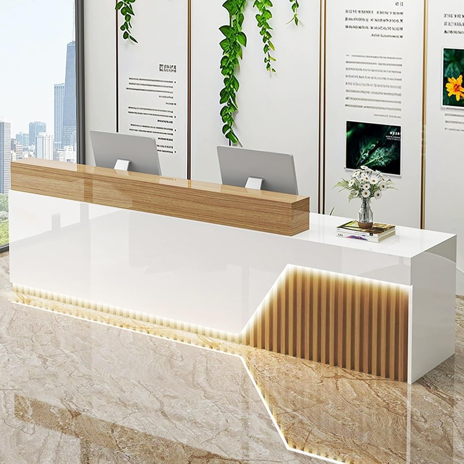 Reception Desk with Led Lights and Lockable Drawer, Retail Counter, Wooden Front Counter, Front Desk Reception Room Table for Checkout Office, Beauty Salon, Lobby(White+Wood R,140cm/55in)