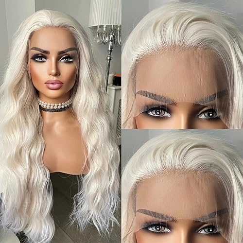 Miniatura 4 de 13 x 3.5 pelucas de encaje sintético largo ondulado rubio blanco para mujeres, pelucas sueltas rizadas rubias platino Cosplay encaje frontal parte