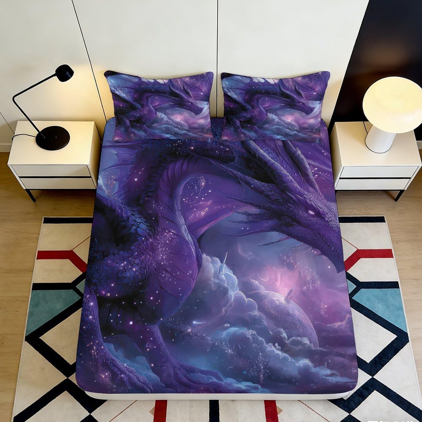 3D Printed Purple Galaxy Dragon Fitted Sheet Microfiber Soft Breathable Cosmic Nebula Mattress Cover for Bedroom Dorm Decor 160x200x25cm