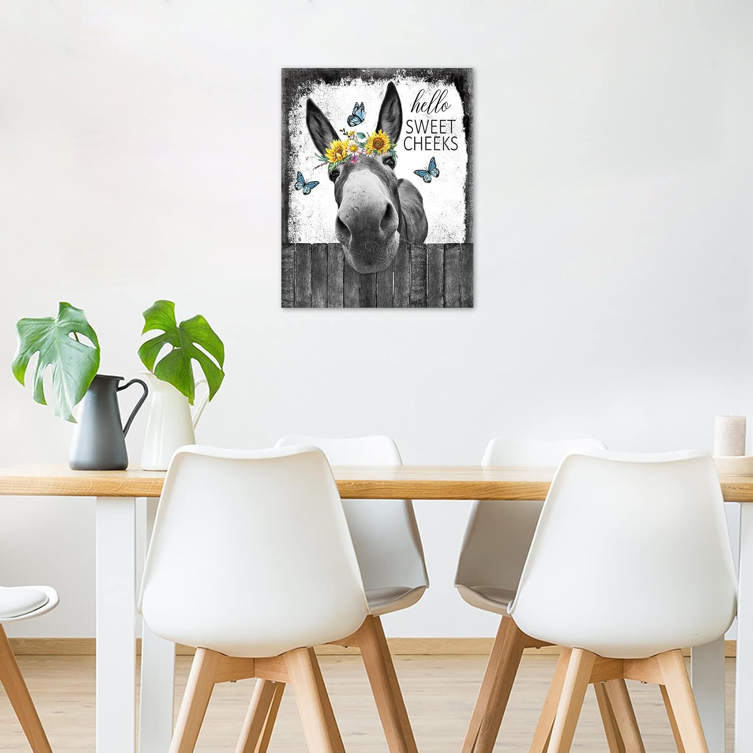 HVEST Farmhouse Funny Donkey Wall Art for Living Room, Western Animal with Yellow Sunflower and Blue Butterfly Canvas Wall Art Retro Wood Pictures for Bathroom Bedroom Wall Decor,16L X 12W inches