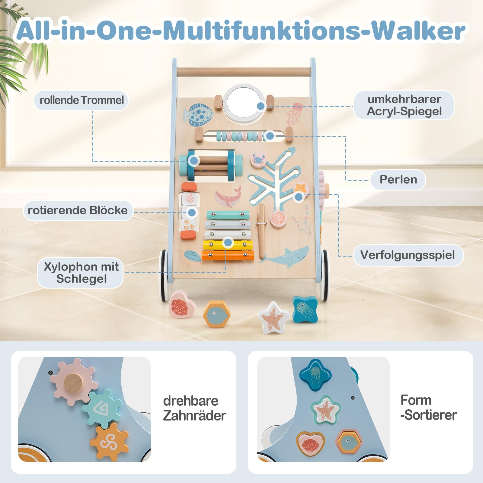 DREAMADE Lauflernwagen Holz, multifunktionale Lauflernhilfe mit Montessori Spielzeug, Schiebe- und Zieh-Lernaktivitätszentrum mit Rädern, Baby Walker für Jungen und Mädchen