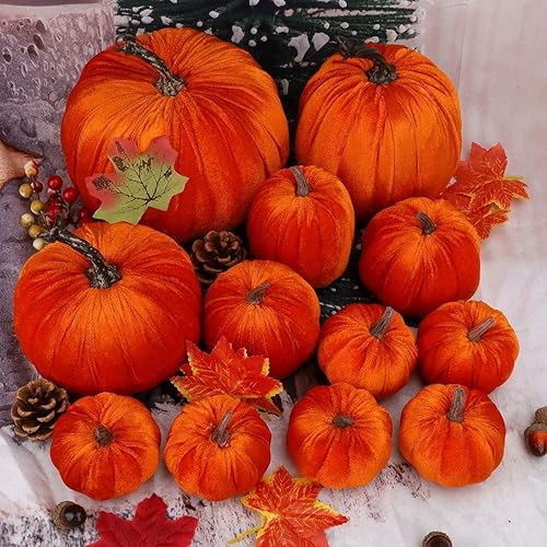 Miniatura 3 de Gresorth 12 calabazas artificiales grandes de terciopelo para cosecha de otoño, Halloween, centro de mesa hecho a mano, decoración para el hogar,