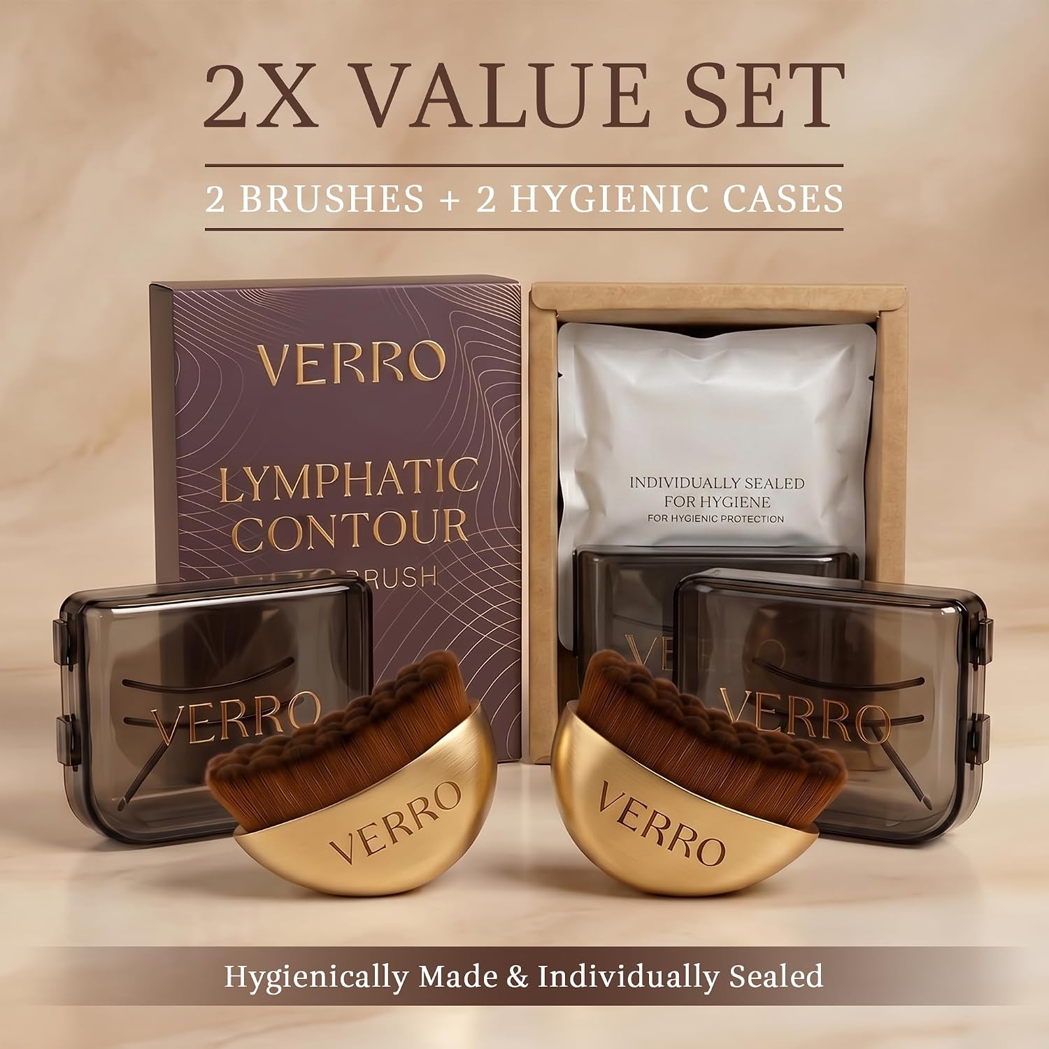 VERRO Lymphatic Face Brush Set (2 Pack) – Facial Dry Brush for Face Sculpting, Lymphatic Drainage & Puffiness Reduction, Ultra Soft Bristles, Individually Sealed + Travel Cases
