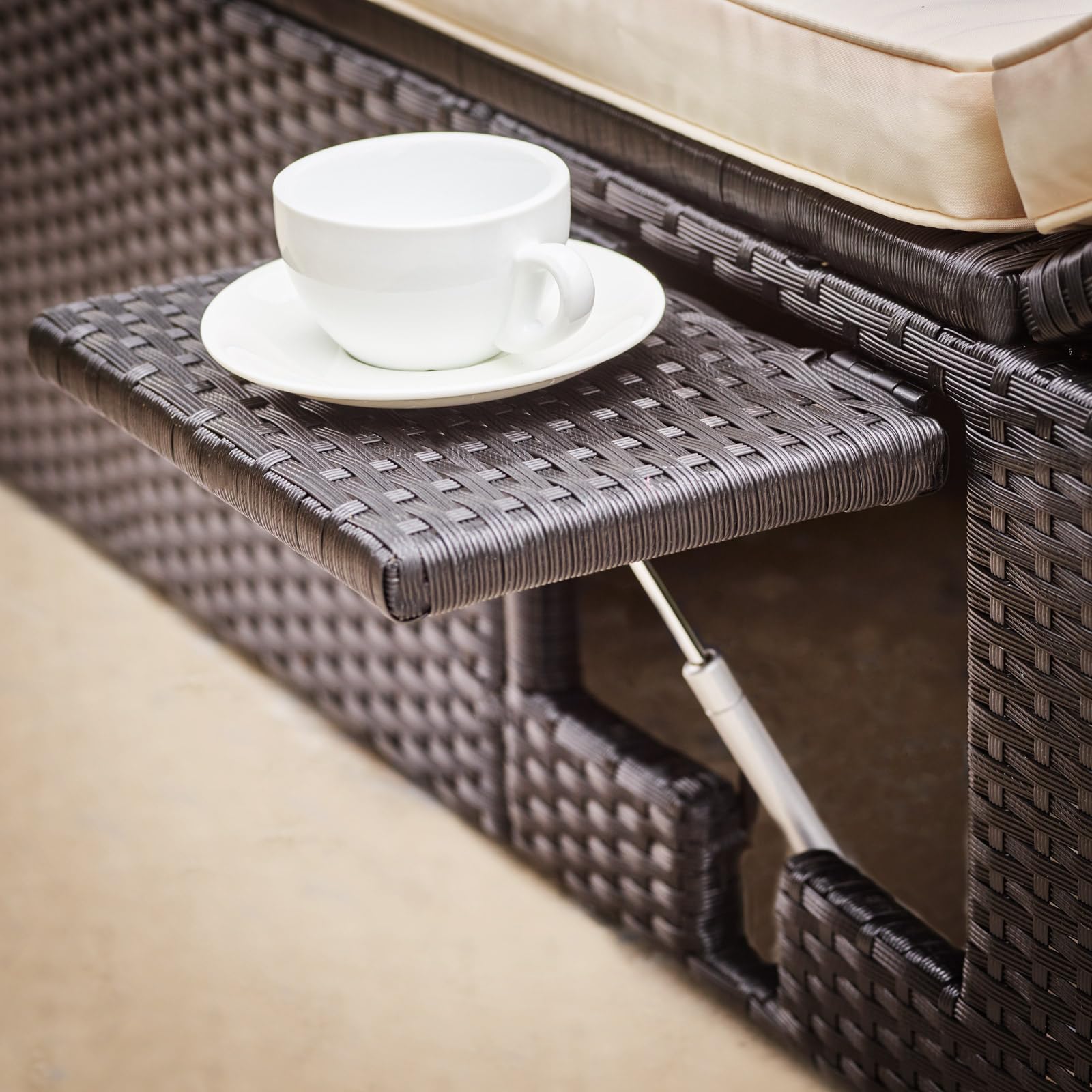 CASARIA Tumbona Doble Jardín 200x115Cm Negro Crema | 2 Personas, Carga 220Kg, Poliratán Resistente Intemperie, Cojín 7Cm, Funda Lavable, 2 Mesitas Plegables, Respaldo Ajustable