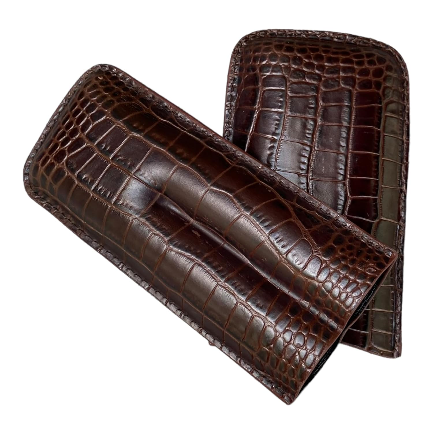 Printed Alligator Pattern Cowhide Leather Cigar Case, Luxury Genuine Leather Cigar Case, Cigar Humidor, Gift for Him, 2 Tubes Luxury Cigar Case for Cigar Ring Guage Under 52 (Dark Brown)