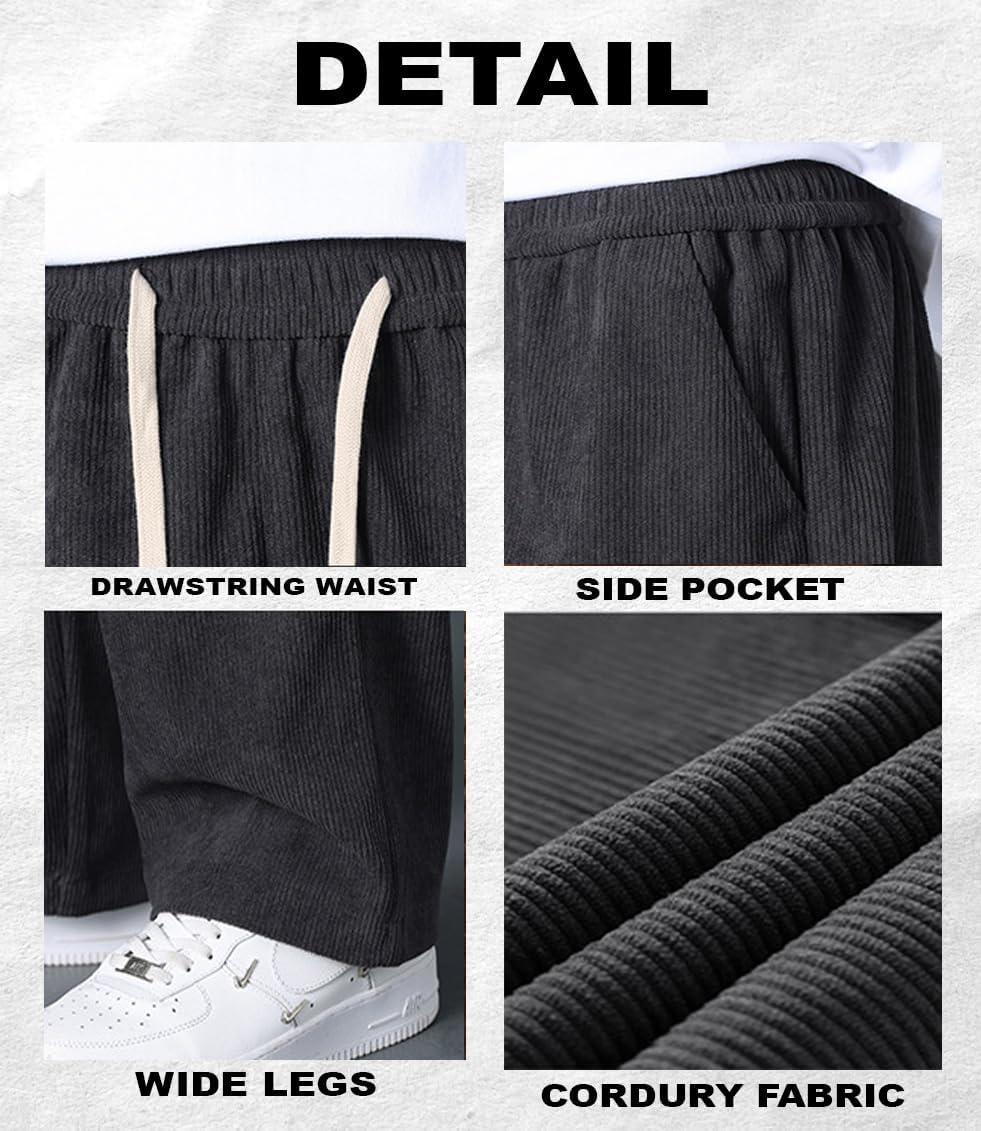 Men's Corduroy Pants Elastic Waist Drawstring Baggy Pants Fashion Loose Casual Long Trousers with Pockets - Image 5