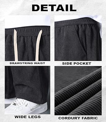 Men's Corduroy Pants Elastic Waist Drawstring Baggy Pants Fashion Loose Casual Long Trousers with Pockets