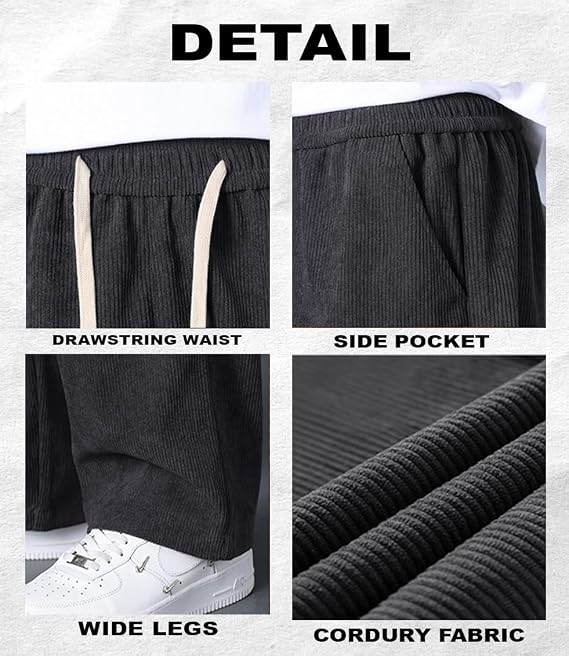 Men's Corduroy Pants Elastic Waist Drawstring Baggy Pants Fashion Loose Casual Long Trousers with Pockets