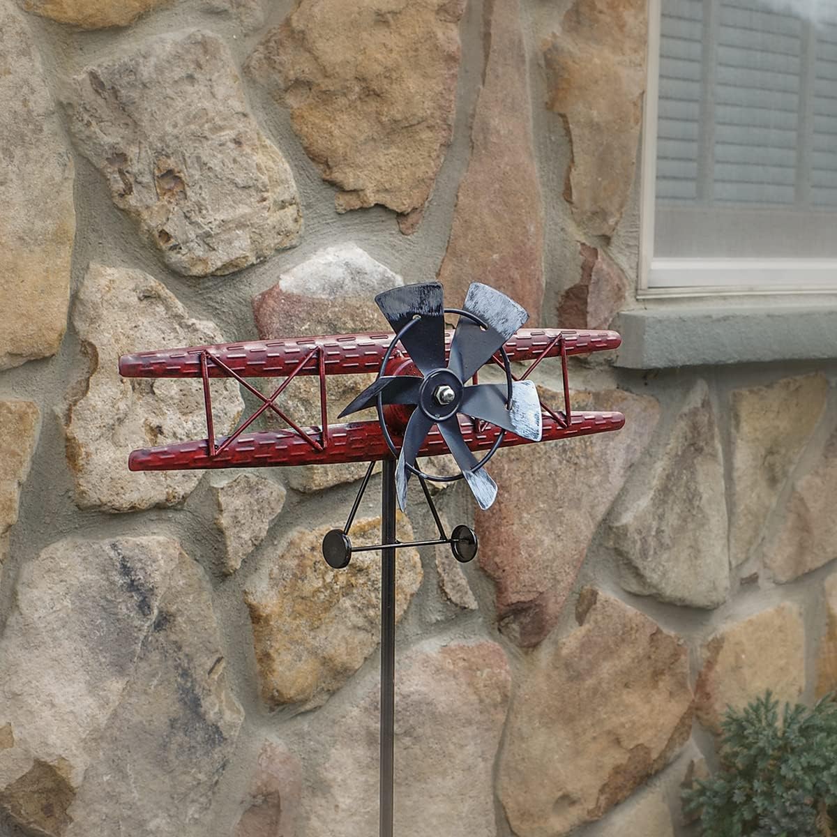 Treasure Gurus Biplane Garden Yard Art Metal Wind Weather Spinners Airplane Kinetic Sculptures Decor Stake Patio