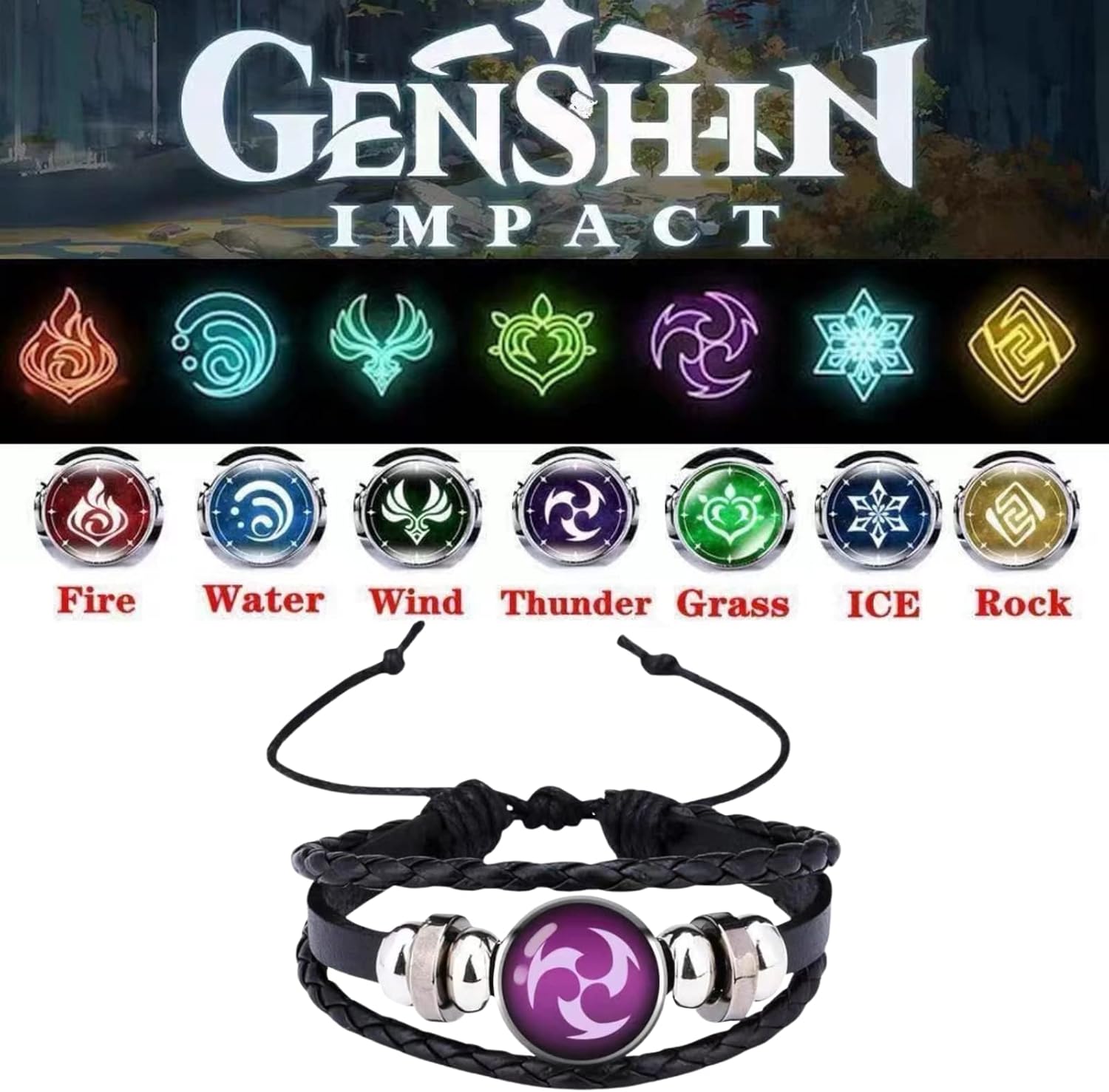 Miniatura 7 de Genshin Impact - Pulsera de impacto Genshin Vision y collar de impacto Genshin, 3 piezas de juego Genshin Impact Element traje de ojo de Dios,