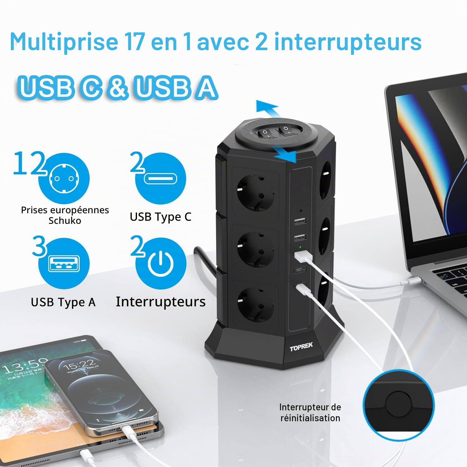TOPREK Tour Multiprise avec Interrupteur Parafoudre, 12 Prises, 5 USB, Cube