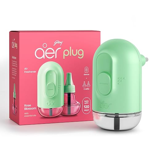Godrej aer Plug Electric Air Freshener (Machine + 2 Refills (25ml each) | Rose Blossom | Lasts up to 120 days