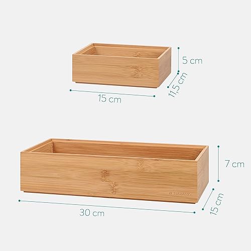 Miniatura 4 de Navaris Cajas de almacenamiento de bambú, juego de 2 organizadores apilables de madera para dormitorio, cocina, baño, sala de estar, maquillaje