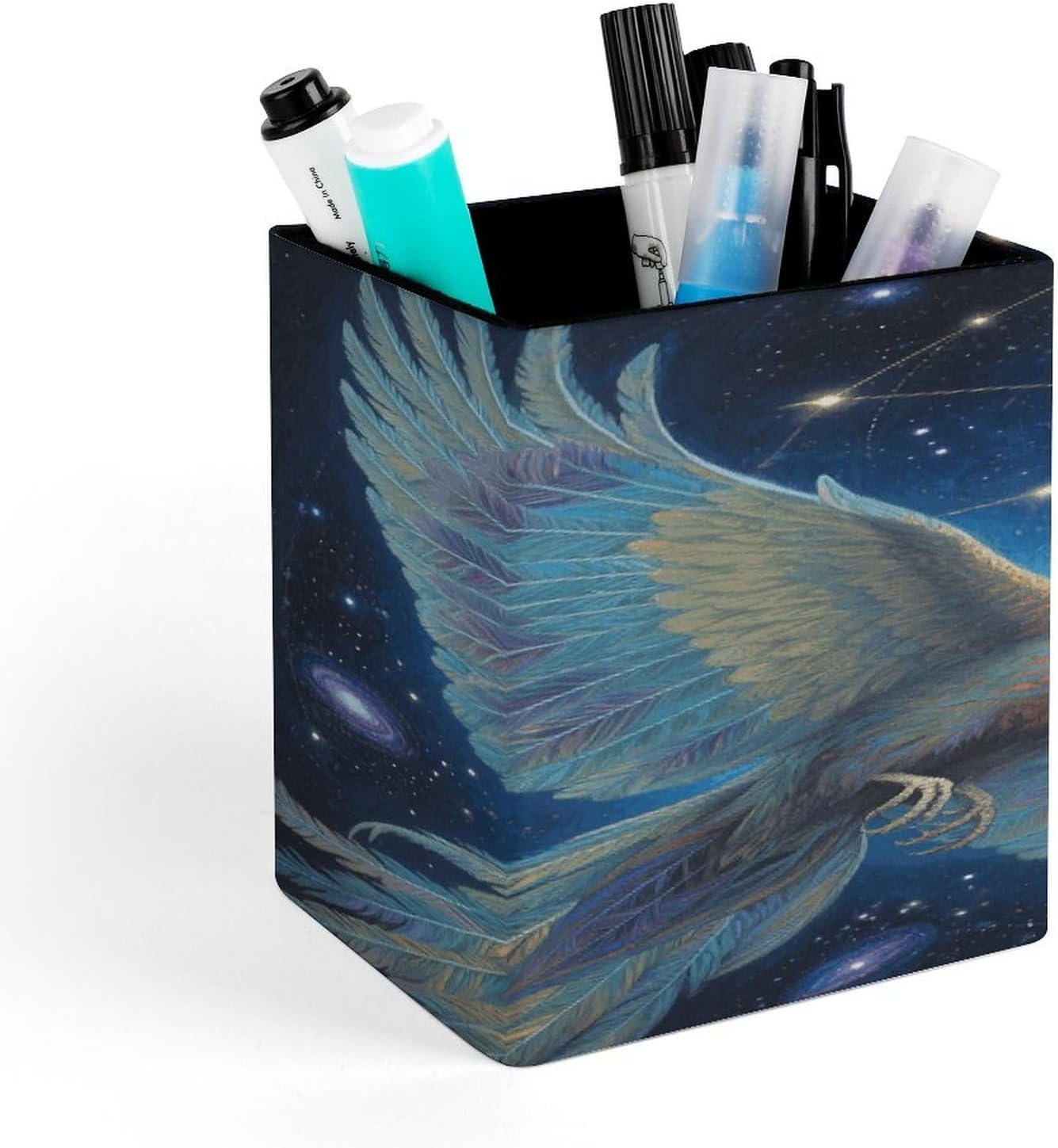 Galaxy Plumaged Bird of Paradise PU Leather Pen Holder Square Desktop Organizer Waterproof & Non-slip Office Supply Storage Box for Home Vanity Professional Workspace