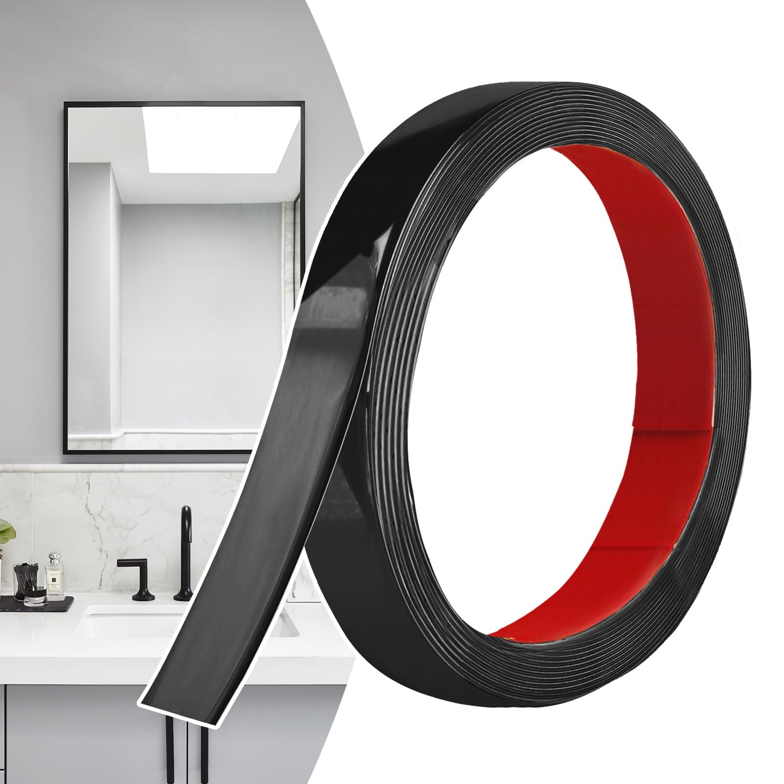 YushengTai Matte Black Self‑Adhesive Moulding Trim 6M x 2.5cm, Flexible PVC Peel and Stick Wall Trim Decorative Edge Strip for Wall, Tile, Mirror, Window, Cabinet, Bathroom, DIY — image 1