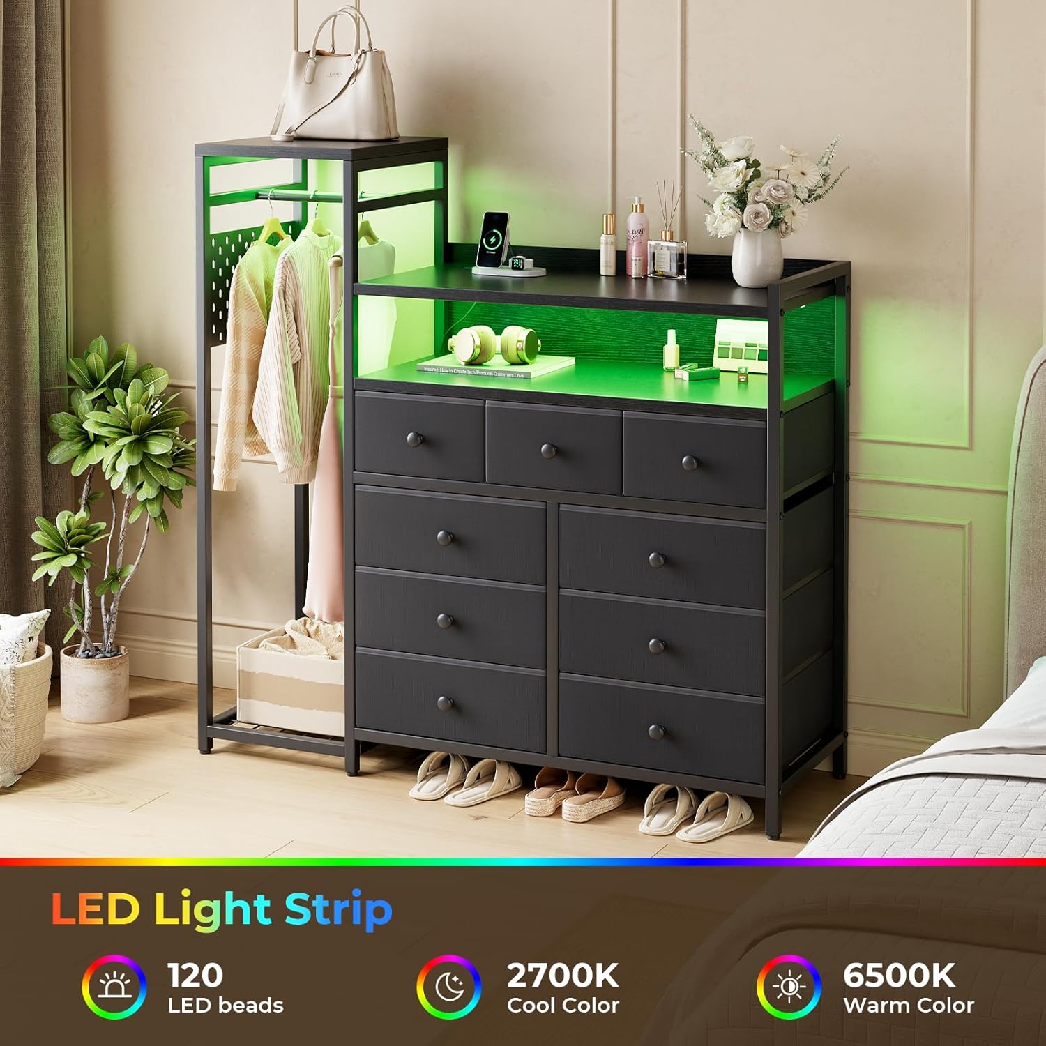 9-Drawer Dresser with Hanging Rack, 63" W Dressers with Wooden Top for Clothes Storage, Fabric Dresser with Charging Station & LED Lights,Fabric Chest of Drawers for Bedroom (Black)