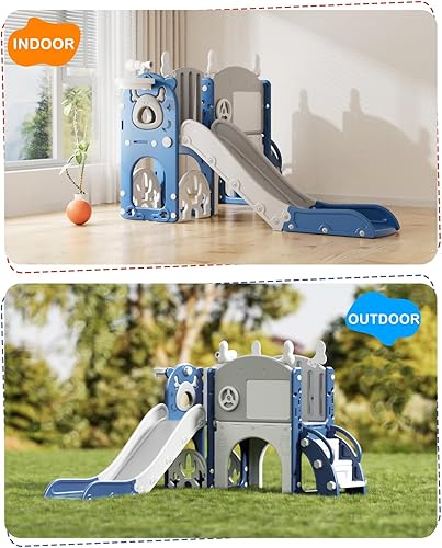 Miniatura 8 de YUFU Tobogán infantil 12 en 1 para niños pequeños, juego de tobogán con golf, tabla de dibujo, escalador, aro de baloncesto y espacio de