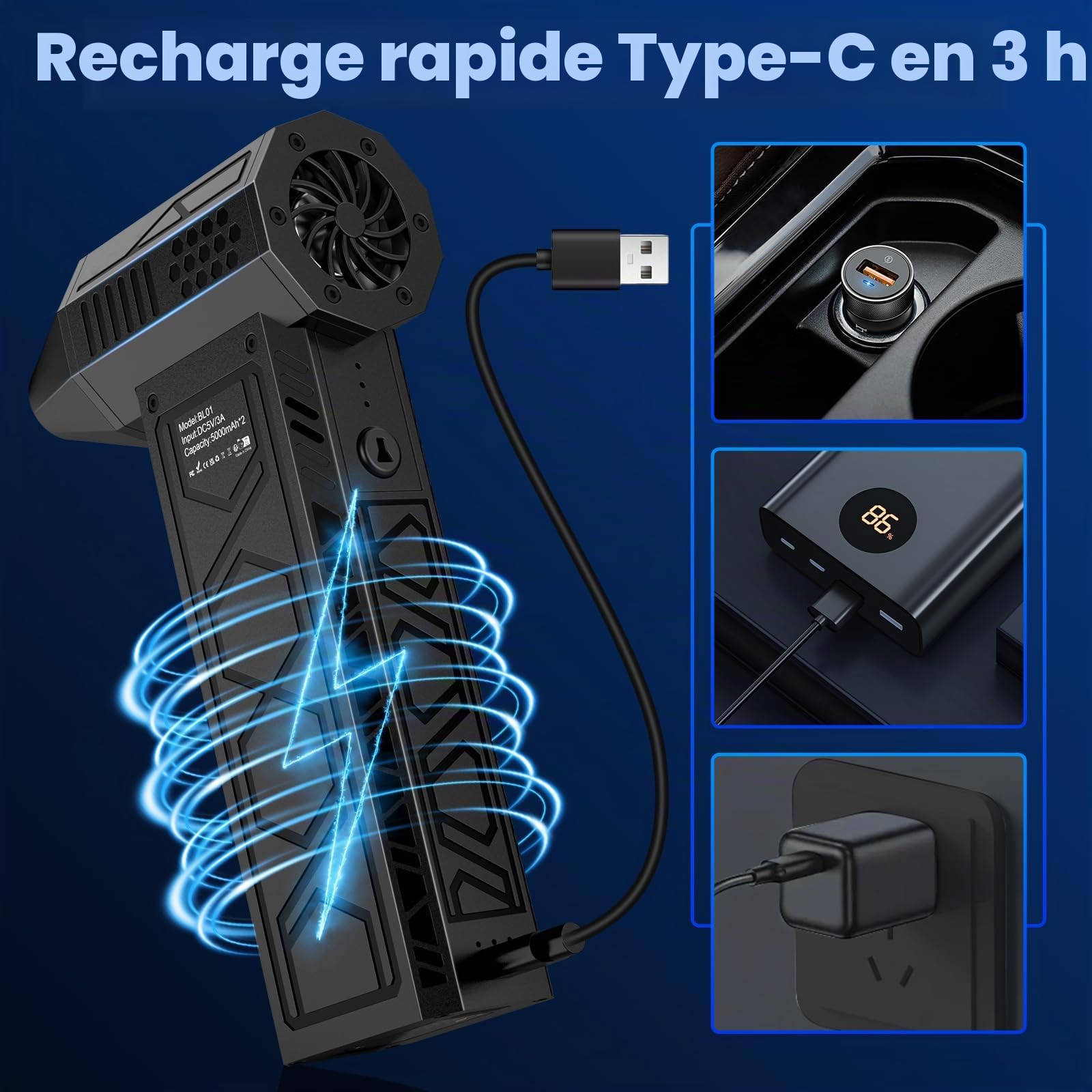 Dépoussiéreur électrique avec lampe de poche, ventilateur turbo à air comprimé 180 000 tr/min (10 000 mAh), ventilateur à jet multifonction, souffleur d'air électrique avec éclairage assisté
