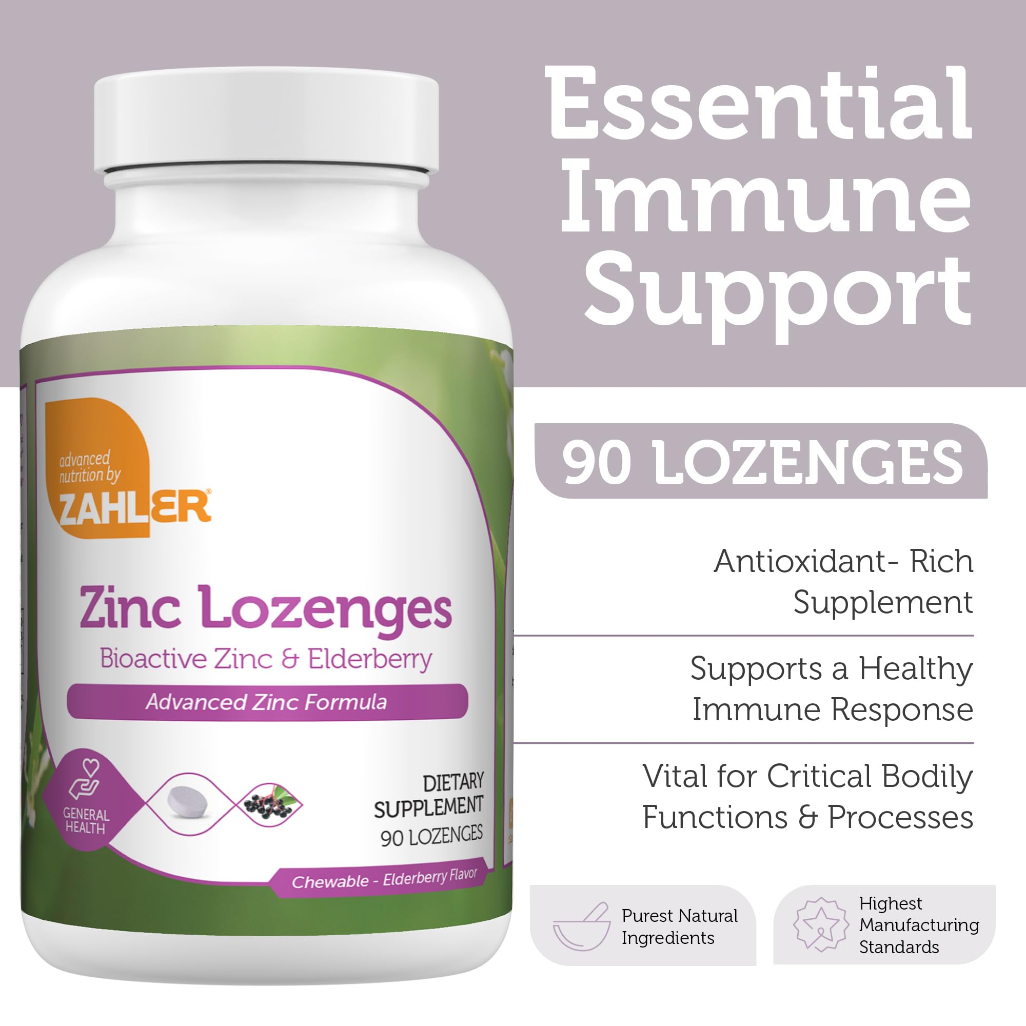 Zahler Elderberry Zinc Lozenges for Adults & Kids - Delicious Chewable Zinc & Sambucus Elderberry Lozenges for Immune Support - Kosher, Made in USA - Zinc Supplements for Men & Women (90 Count) — Amazon image 2