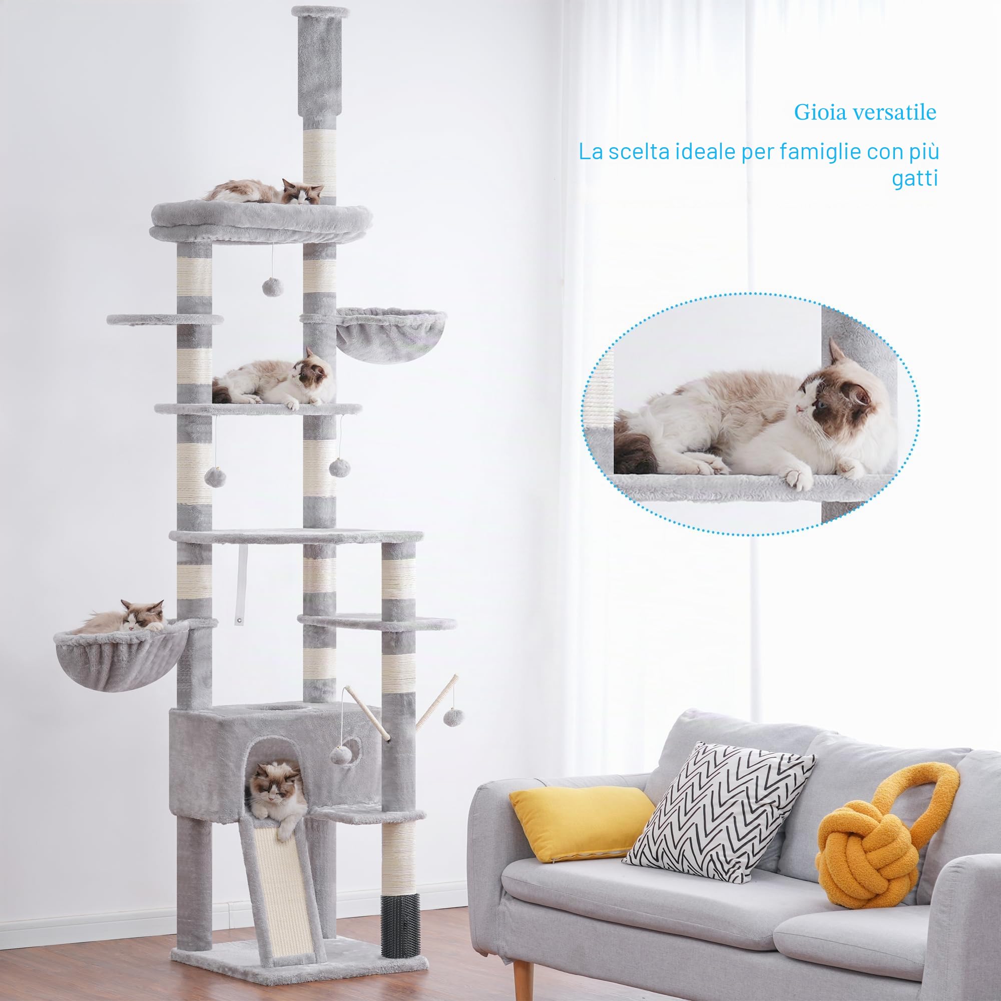 Hey-brother Albero tiragraffi regolabile in altezza, 250-280 cm, che raggiunge il soffitto, torre per gatti di grandi dimensioni, con grotta, grigio chiaro 0MPJ091W