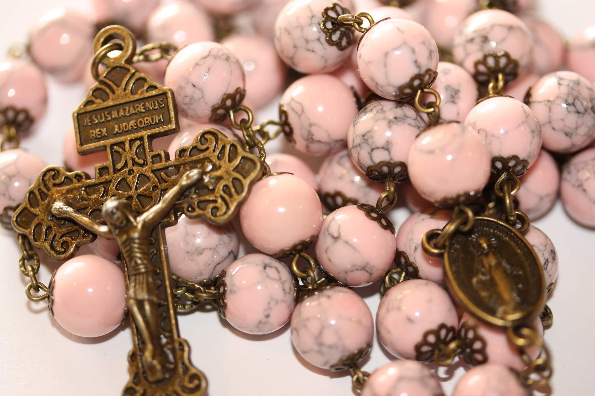 10mm Large Imitation Pink Turqupoise and Bronze Rosary made in Oklahoma with Pardon Crucifix