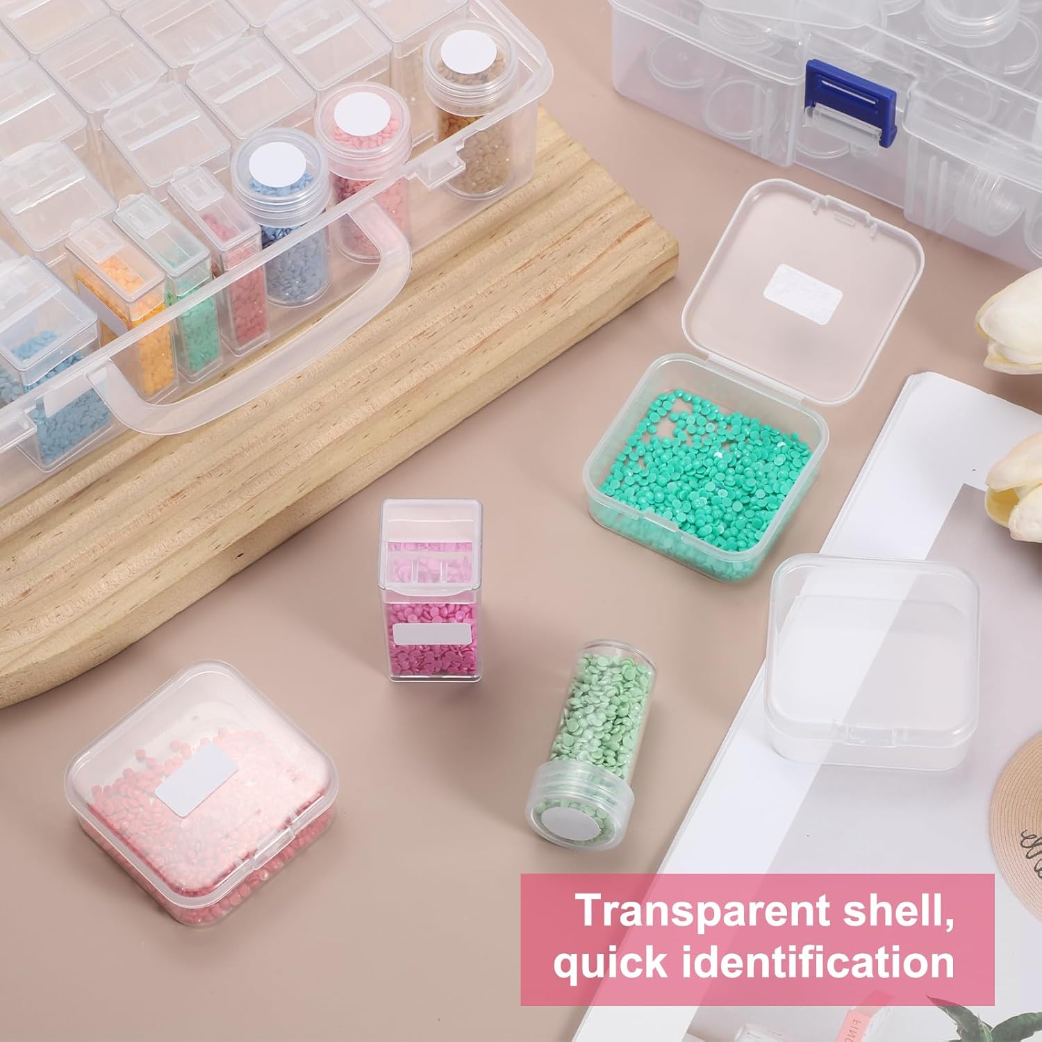 MECCANIXITY 60 Slots Diamond Art Storage Containers, Clear Plastic Diamond Art Painting Beads Organizer Case Accessories with Labels for Jewelry Nail Crafts Rhinestones 11.6x7.7x2.3inch