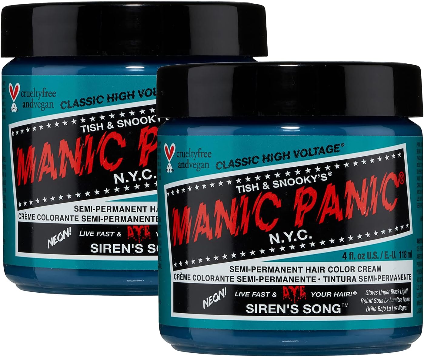 Classic Siren's Song Semi Permanent Hair Color - Neon Blue-Green Hair Dye for Women & Men That Lasts 4-6 Weeks - Vegan, Ammonia & Cruelty-Free - Create & Mix Custom Shades (4oz / 2pk)