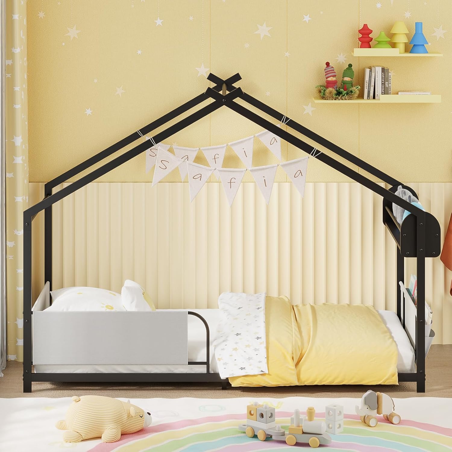Timy House Shape Twin Size Montessori House Bed Metal Floor Bed with Storage Rack and Caddy Twin Bed-Frame for Kids No Box Spring Needed Black