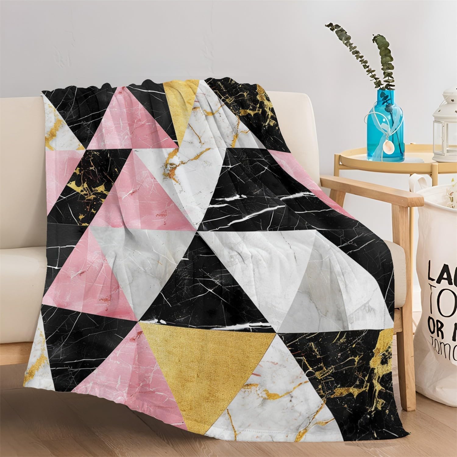 Couverture polaire en flanelle 180x200cm pour lit et canapé à motif marbre géométrique