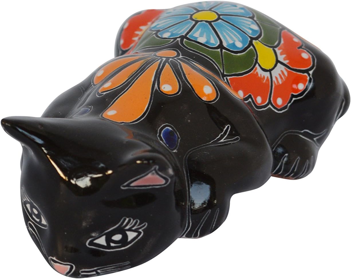 Pouncing Cat Feline Shelf-edge Hanging Ceramic Decor Talavera Black Cat Home Kitchen Patio Garden Pottery Animal Decoration