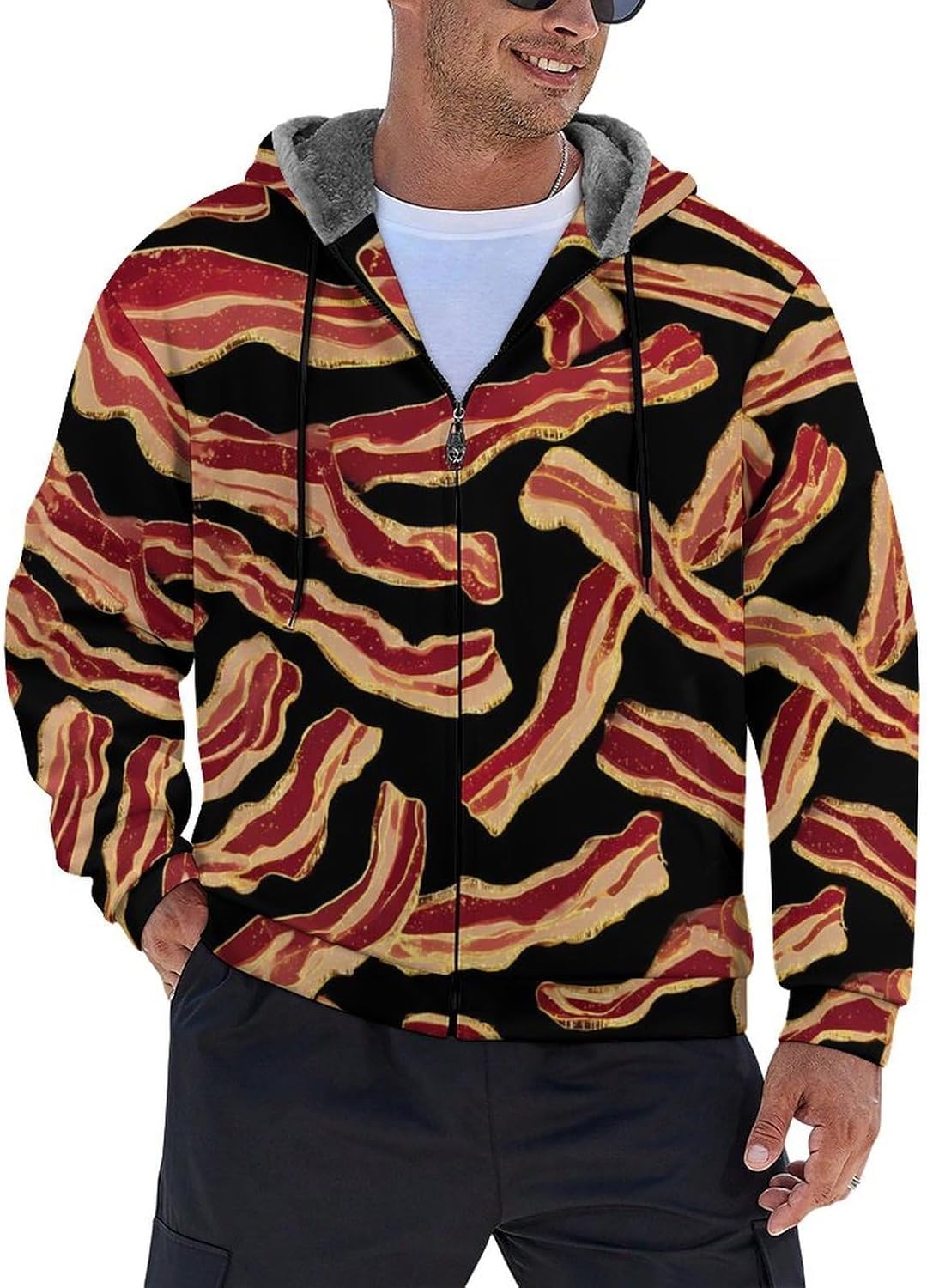 Bacon Strips Men's Hooded Coat Fleece Lining Sweatshirt Zip Up Jacket Warm Hoodie