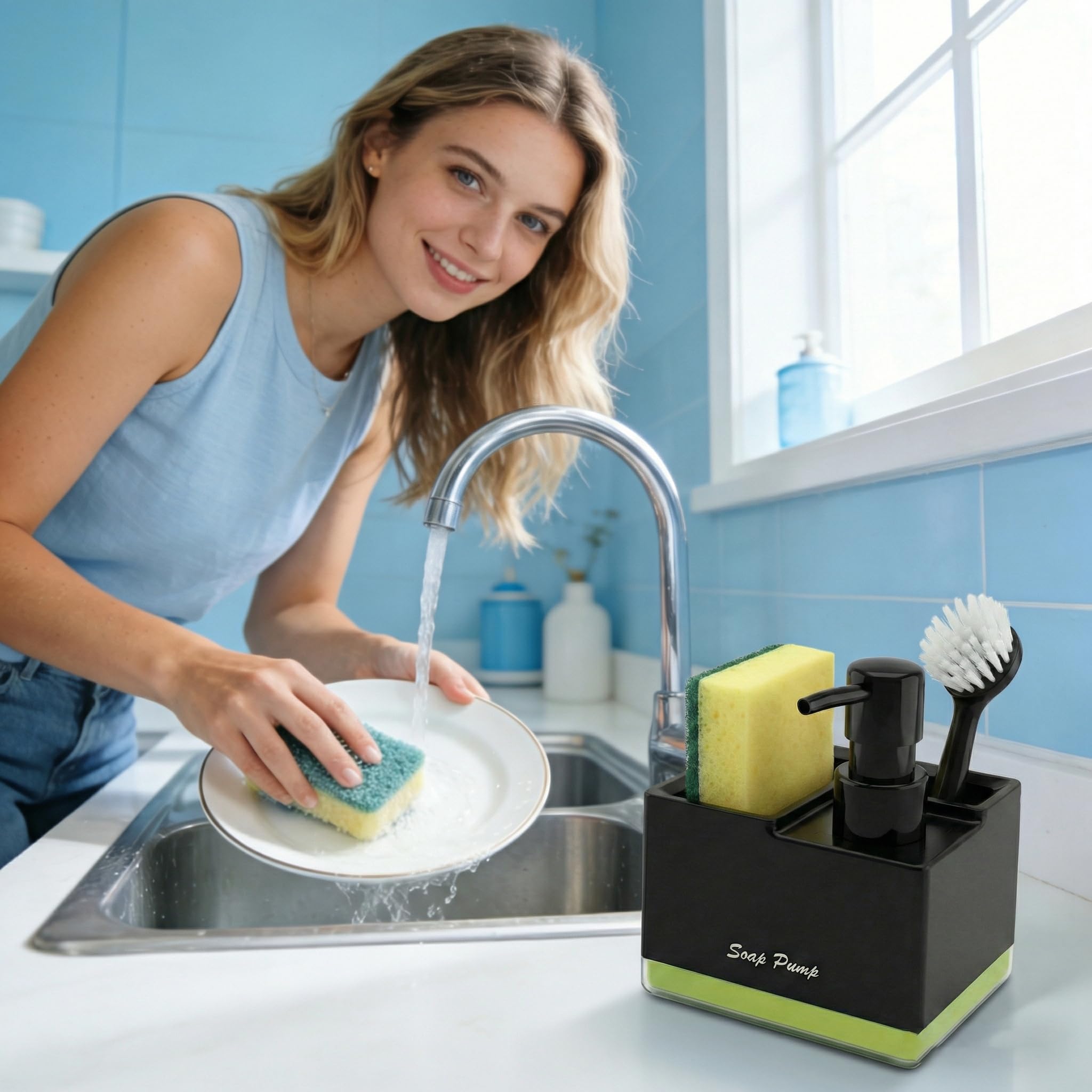 Dispenser di sapone 3 in 1 con porta spugna per il lavello della cucina (nero), erogatore di detersivo da cucina con porta spugna e spazzola, dispenser di sapone compatto 3 in 1 con ripiano, capacità - 4