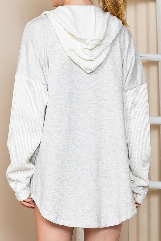 SHEWIN Women Oversized Hooded Sweatshirt Button Hoodies, Grey, Size M image 6